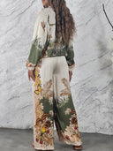 Exotic Jungle Print Zip-Up Shirt & Wide Leg Pants Set