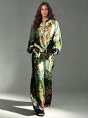 Exotic Jungle Print Zip-Up Shirt & Wide Leg Pants Set