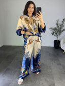 Exotic Jungle Print Zip-Up Shirt & Wide Leg Pants Set