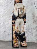 Exotic Jungle Print Zip-Up Shirt & Wide Leg Pants Set