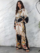 Exotic Jungle Print Zip-Up Shirt & Wide Leg Pants Set