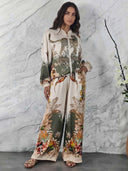 Exotic Jungle Print Zip-Up Shirt & Wide Leg Pants Set