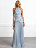 Elegant Halter Neck 3D Floral Appliqué Ruched Maxi Dress