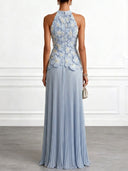 Elegant Halter Neck 3D Floral Appliqué Ruched Maxi Dress