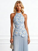 Elegant Halter Neck 3D Floral Appliqué Ruched Maxi Dress