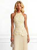 Elegant Halter Neck 3D Floral Appliqué Ruched Maxi Dress