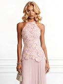 Elegant Halter Neck 3D Floral Appliqué Ruched Maxi Dress