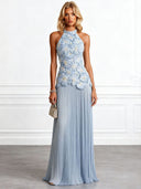 Elegant Halter Neck 3D Floral Appliqué Ruched Maxi Dress