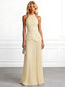 Elegant Halter Neck 3D Floral Appliqué Ruched Maxi Dress