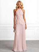 Elegant Halter Neck 3D Floral Appliqué Ruched Maxi Dress