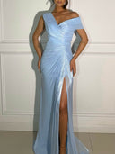 Elegant Draped Ruched High Slit Party Maxi Dress