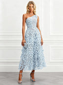 Elegant One Shoulder 3D Butterfly Veil Midi Dress