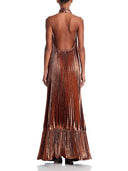 Elegant Metallic Pleated Halter Keyhole Maxi Dress