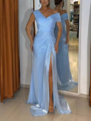 Elegant Draped Ruched High Slit Party Maxi Dress