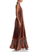 Elegant Metallic Pleated Halter Keyhole Maxi Dress