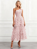 Elegant One Shoulder 3D Butterfly Veil Midi Dress