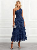 Elegant One Shoulder 3D Butterfly Veil Midi Dress