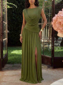 Elegant Draped Ruched High Slit Party Maxi Dress