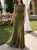 Elegant Draped Ruched High Slit Party Maxi Dress