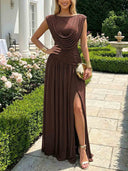 Elegant Draped Ruched High Slit Party Maxi Dress
