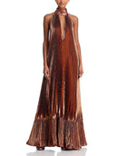 Elegant Metallic Pleated Halter Keyhole Maxi Dress