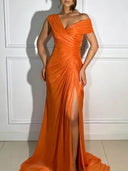 Elegant Draped Ruched High Slit Party Maxi Dress