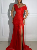 Elegant Draped Ruched High Slit Party Maxi Dress