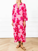 Floral Embroidered Loose V-Neck Sheer Kaftan Dress