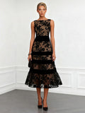 Elegant Flocked Floral Sheer Midi Dress