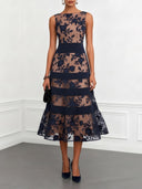 Elegant Flocked Floral Sheer Midi Dress