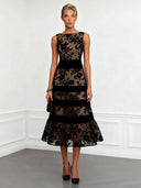 Elegant Flocked Floral Sheer Midi Dress
