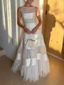Elegant Sleeveless Layered Tulle Satin Pleated Maxi Dress