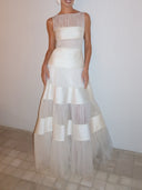 Elegant Sleeveless Layered Tulle Satin Pleated Maxi Dress