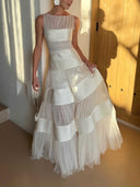 Elegant Sleeveless Layered Tulle Satin Pleated Maxi Dress