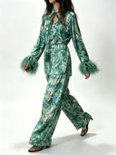 Exquisite Watercolor Print Feather Cuff Tie Shirt & Wide-Leg Pants Two-Piece Set