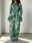 Exquisite Watercolor Print Feather Cuff Tie Shirt & Wide-Leg Pants Two-Piece Set
