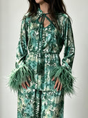 Exquisite Watercolor Print Feather Cuff Tie Shirt & Wide-Leg Pants Two-Piece Set