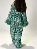 Exquisite Watercolor Print Feather Cuff Tie Shirt & Wide-Leg Pants Two-Piece Set