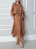 Asymmetrical Hem Long Sleeve Chiffon Midi Dress