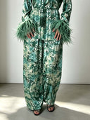 Exquisite Watercolor Print Feather Cuff Tie Shirt & Wide-Leg Pants Two-Piece Set