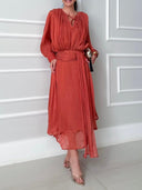 Asymmetrical Hem Long Sleeve Chiffon Midi Dress
