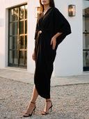 V-Neck Batwing-Sleeve Belted Midi Dress