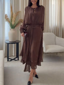 Asymmetrical Hem Long Sleeve Chiffon Midi Dress