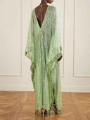 Sequin Deep V-Neck Fringe Kaftan Maxi Dress