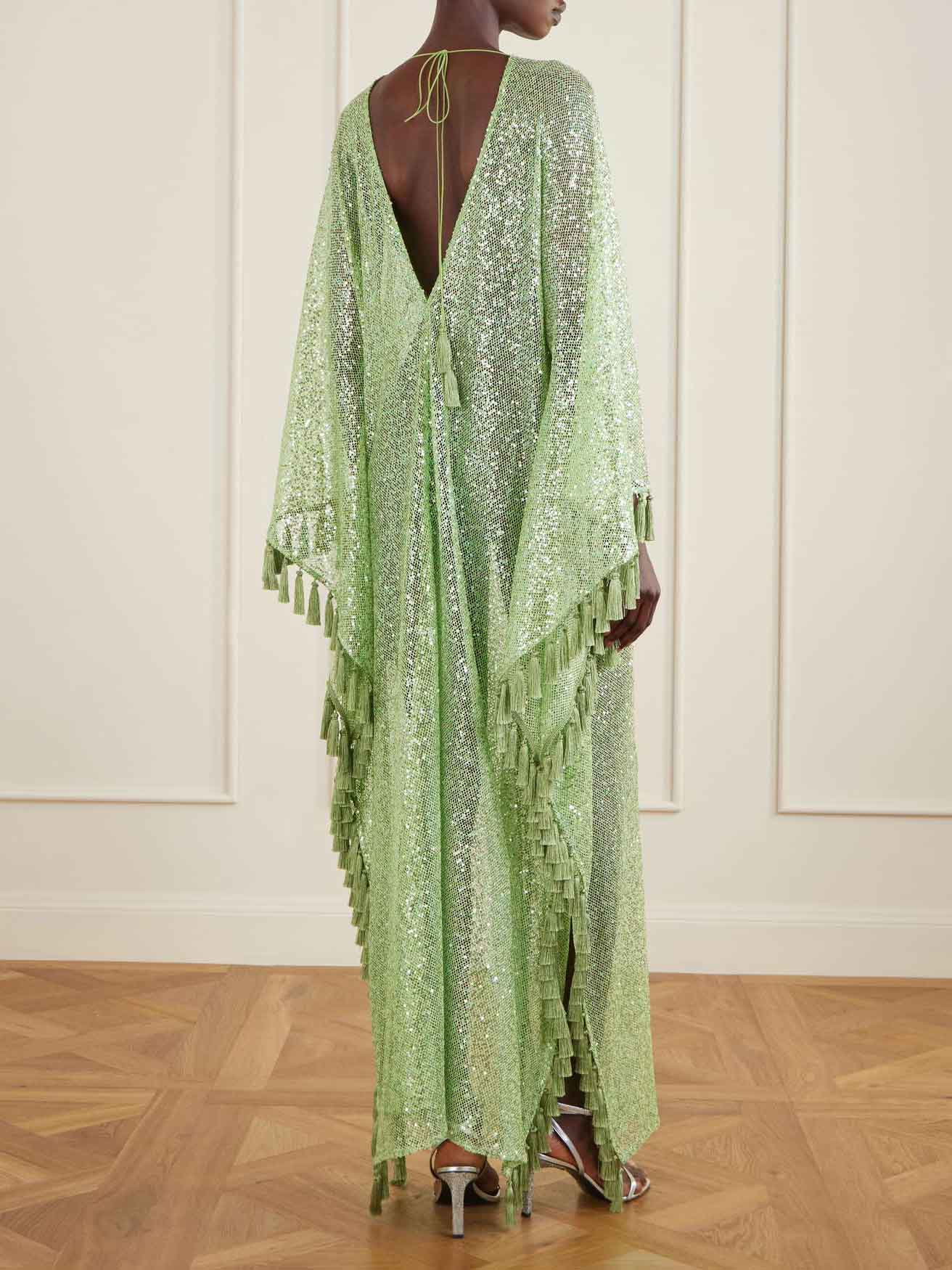 Sequin Deep V-Neck Fringe Kaftan Maxi Dress