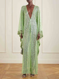 Sequin Deep V-Neck Fringe Kaftan Maxi Dress