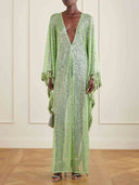 Sequin Deep V-Neck Fringe Kaftan Maxi Dress