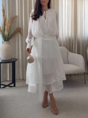Asymmetrical Hem Long Sleeve Chiffon Midi Dress