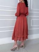 Asymmetrical Hem Long Sleeve Chiffon Midi Dress