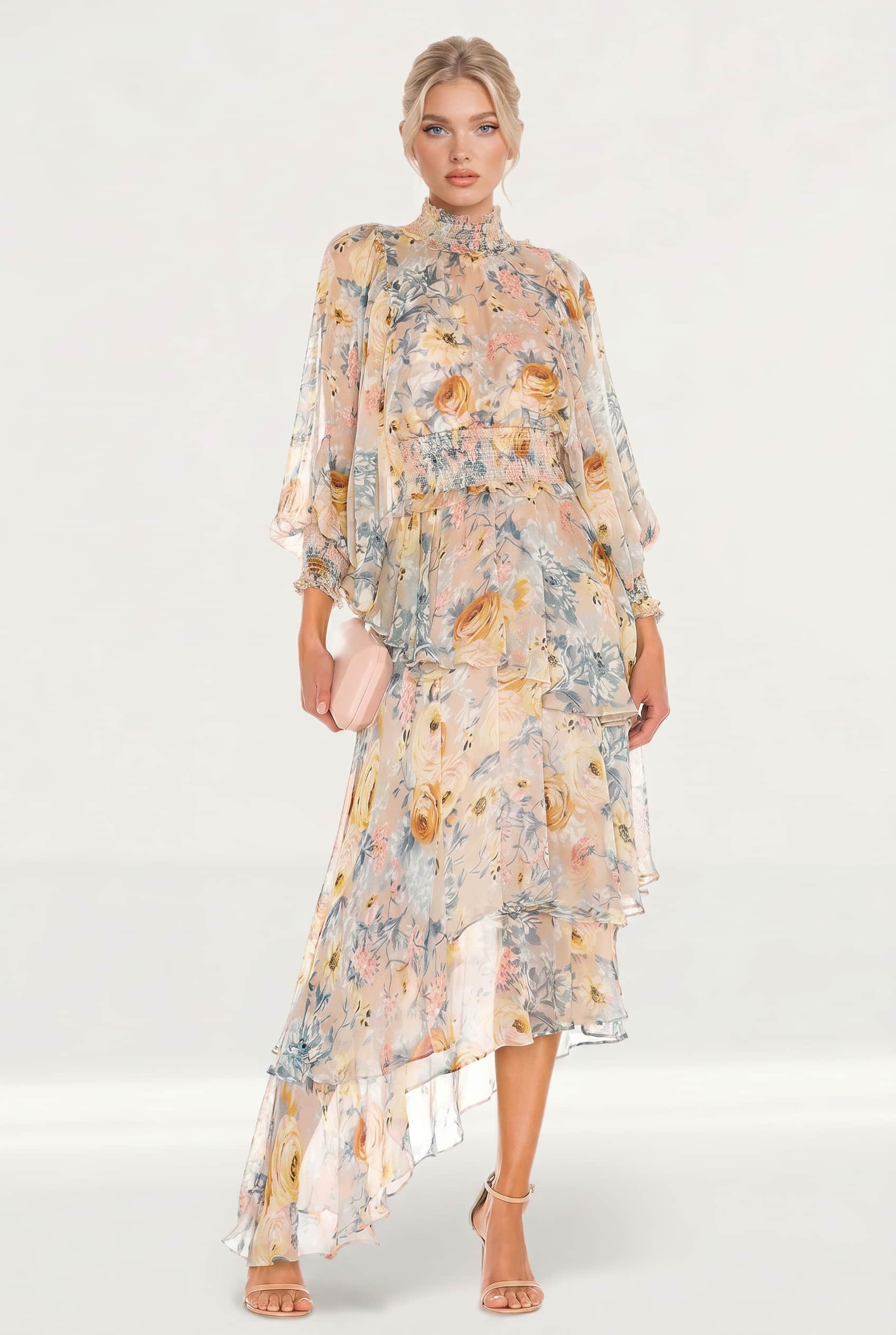 Irregular Hem Printed Chiffon Maxi Dress